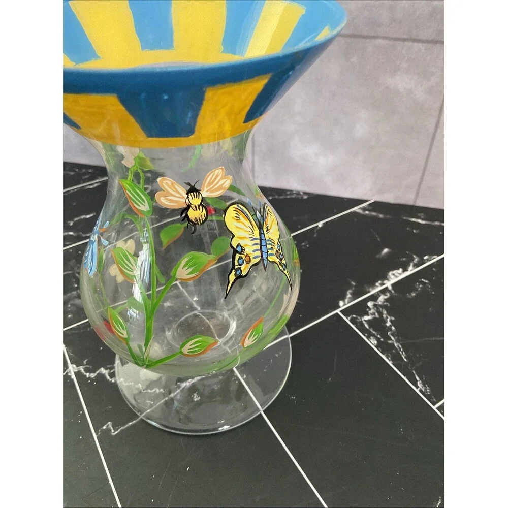 Butterfly Meadow Dragonfly Ladybug FlowerHand Painted Glass Vase 6”